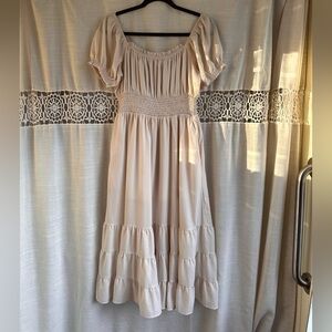 Smocked Waist Cream Maxi Dress with Puff Sleeves